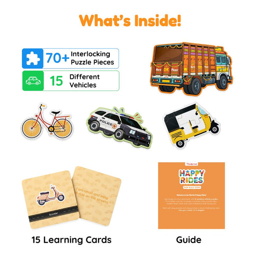 Happy Rides - Vehicle Puzzle & Card Game for Kids, 70 Pieces, 15 Puzzles, 4 Levels (Ages 4+)