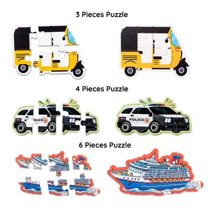 Happy Rides - Vehicle Puzzle & Card Game for Kids, 70 Pieces, 15 Puzzles, 4 Levels (Ages 4+)