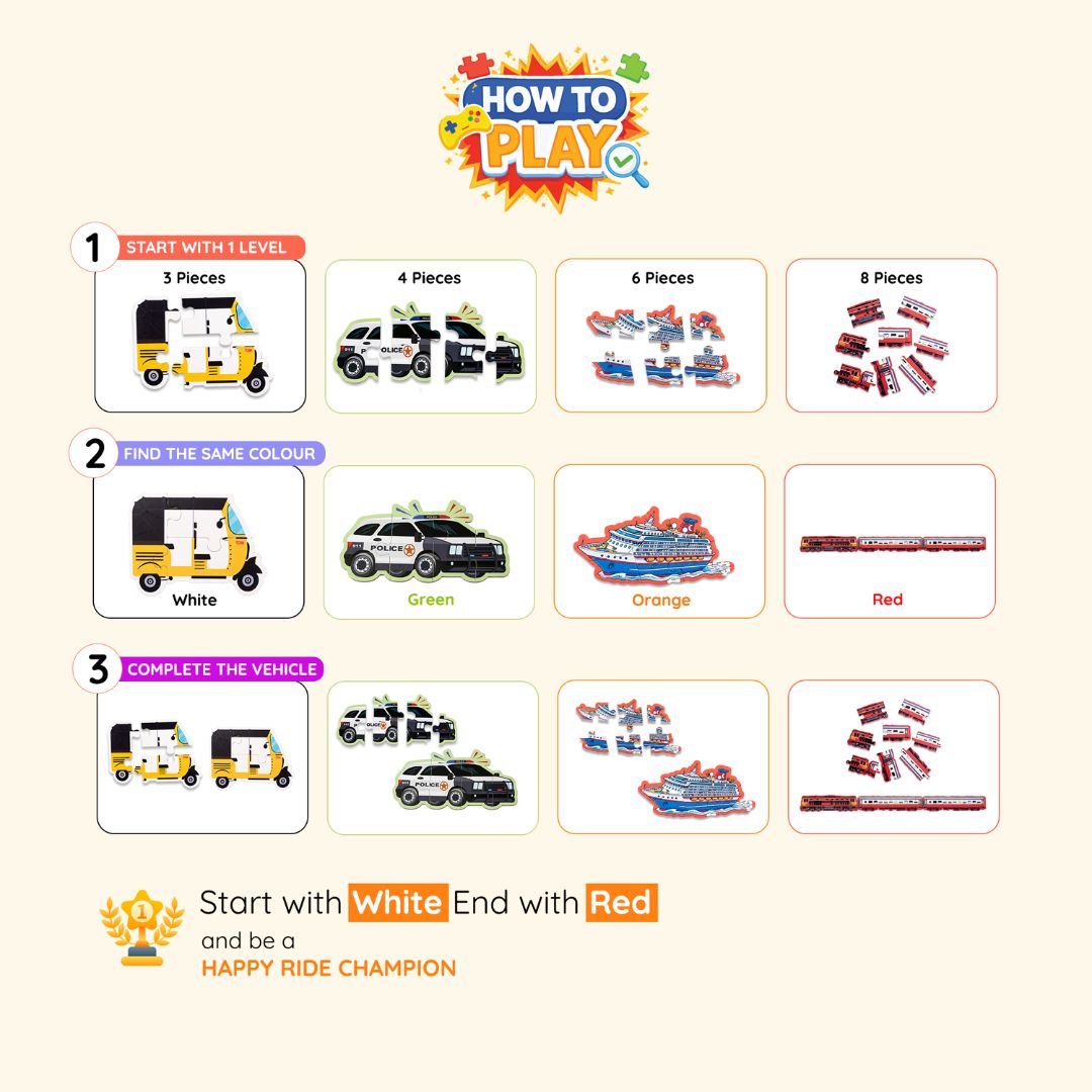 Happy Rides - Vehicle Puzzle & Card Game for Kids, 70 Pieces, 15 Puzzles, 4 Levels (Ages 4+)
