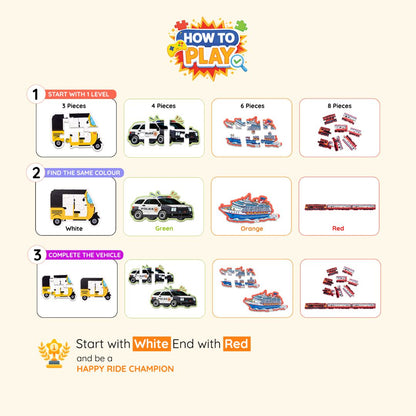 Happy Rides - Vehicle Puzzle & Card Game for Kids, 70 Pieces, 15 Puzzles, 4 Levels (Ages 4+)