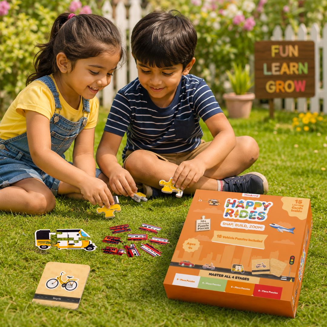 Happy Rides - Vehicle Puzzle & Card Game for Kids, 70 Pieces, 15 Puzzles, 4 Levels (Ages 4+)