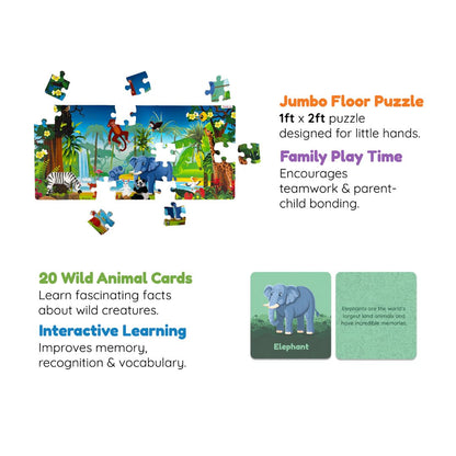 Jumble Jungle - Jumbo Floor Puzzle for Kids, 50 Pieces with 20 Animal Game Cards (Ages 4+)