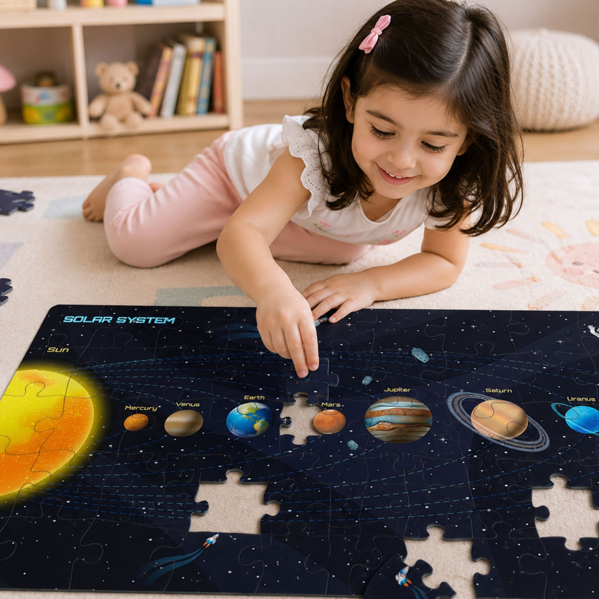 Child playing with the Orbit Master solar system puzzle