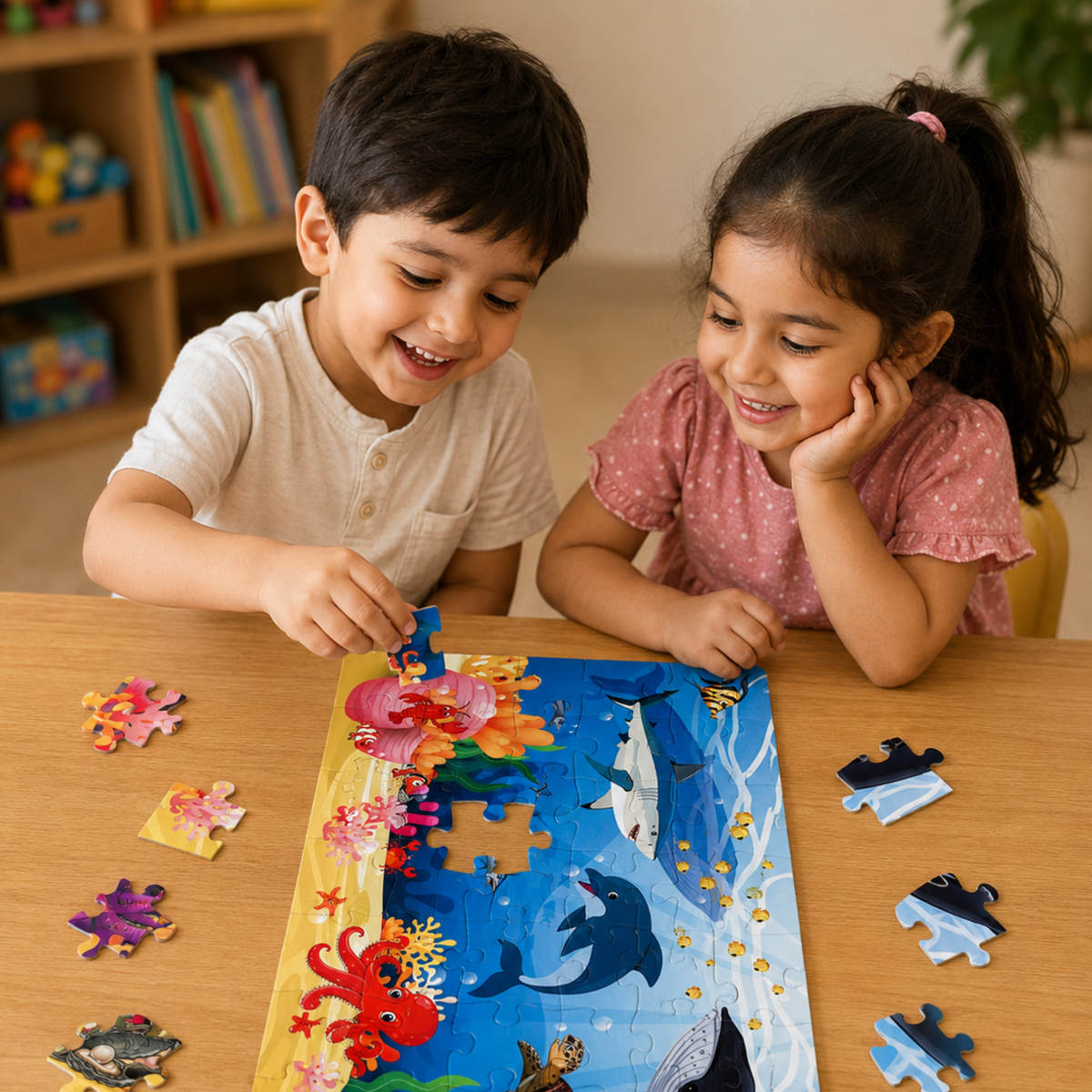 Children playing with the Ocean Adventure floor puzzle